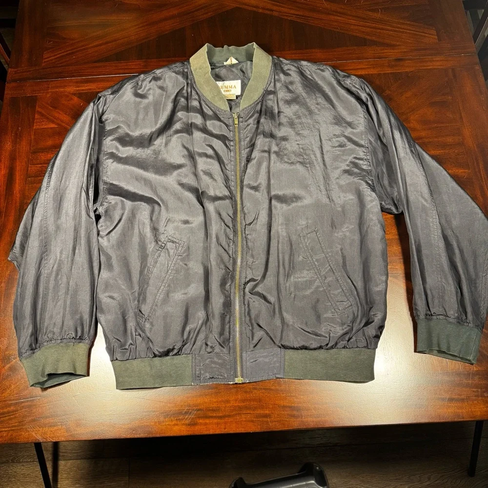 Summa 100% Silk Bomber Jacket Men's‎ Large Black Vintage Full Zip Lightweight
